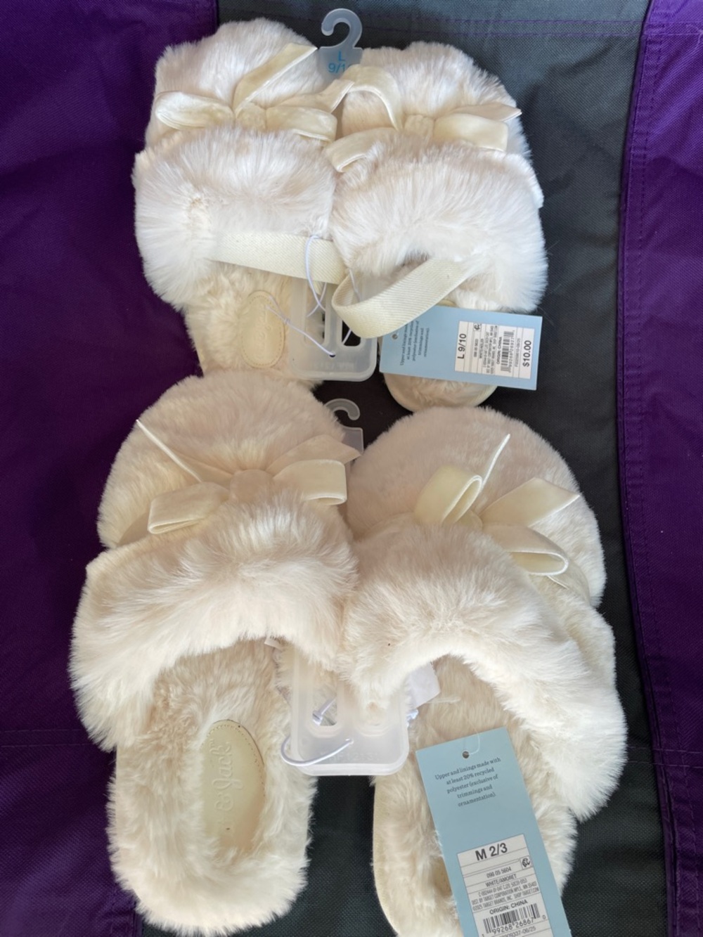 Cat & Jack Cream Plush Bow Kids Slippers
